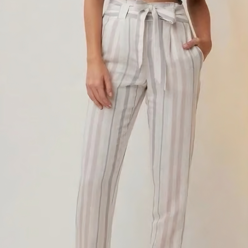 Express  White and Gray Striped Ankle High Rise Trousers
